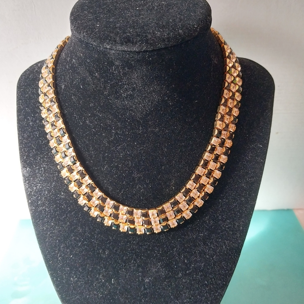 VINTAGE MONET TRIPLE ROW BLACK & WHITE CRYSTALS CHOKER